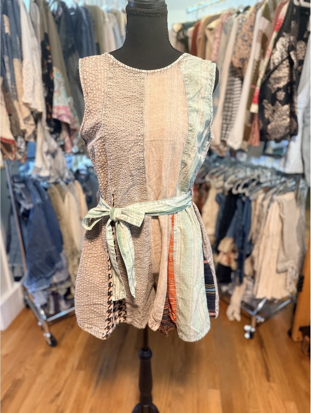 YOUNG THREADS Wrap Tie Patchwork Romper Sand NWT S